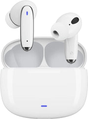 OMK Wireless Earbuds Waterproof Headset Noise Cancelling Earphones Long Battery Bluetooth Headphones with Wireless Charging Case for iPhone Android (White)
