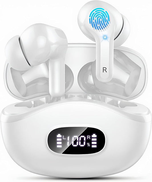 Wireless Earbuds, 48Hrs 2026 Bluetooth Headphones, Hi-Fi Stereo Deep Bass Ear Buds, ENC Noise Cancelling Mic, Clear Calls, IP-X7 Waterproof, USB Sport Earphones in Ear for Phones Laptop Pad, White